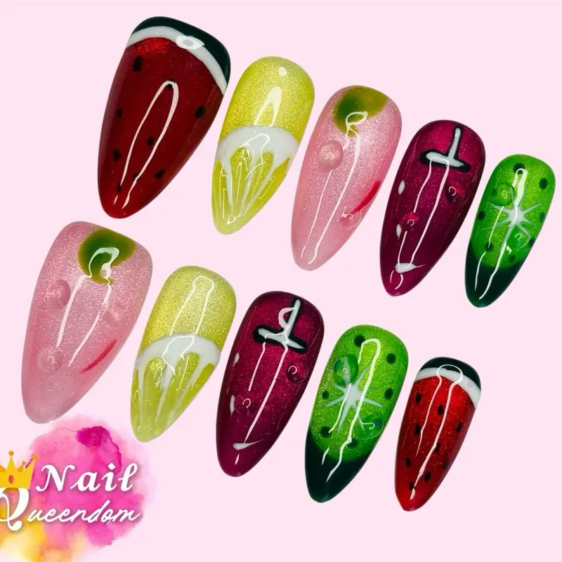 Nail Queendom [PARADISE PUNCH] Handcrafted 3D Press-On Nails Reusables Long Lasting Salon Quality Easy Application 10 Pieces Set Eco-Friendly 3D-gel Finish