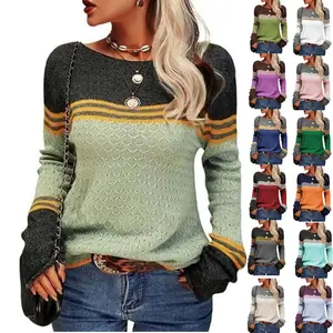 Imily Bela Women Autumn Winter Colorblock Pullover Sweaters Round Neck Striped Slim Fitting Knitwear Tops