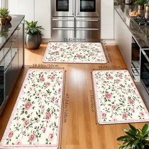 Pink Rose Floral Kitchen Rugs Set, Non-Slip Washable Floor Mats, Watercolor Rose & Green Leaf Print Runner Carpets for Kitchen, Bathroom & Shabby Chic Decor