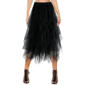 Women's Tulle Skirt A-Line High Low Asymmetrical 3 Layered Midi Length Elastic  Tutu Skirts