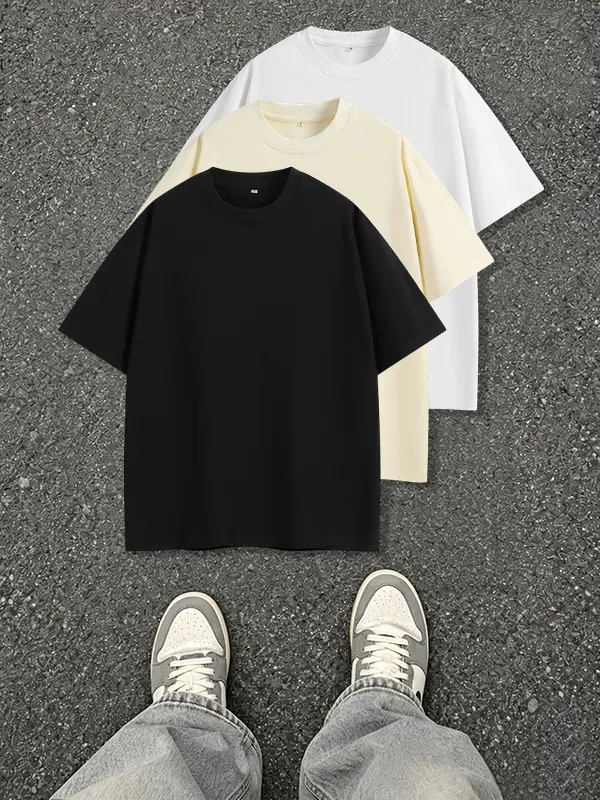 3-pack men’s pure cotton short sleeves for summer, 100% cotton fabric that absorbs sweat and is breathable, resists pilling even after prolonged wear, loose casual fit that’s versatile—ideal for daily commuting, street casual style, and home wear.