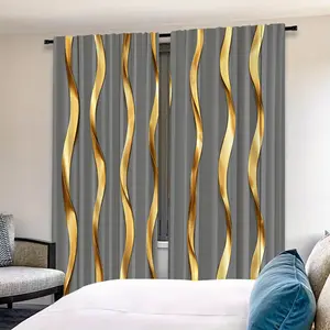 2 Piece & Wave Stripe Digital Print Curtains, Durable Semi-Transparent Polyester, Washable, Ideal for Bedroom/living Room/study