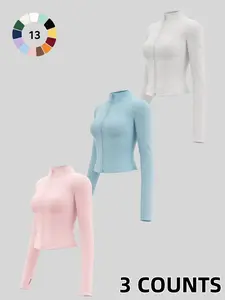 3-Pack Women's Casual Sporty Long Sleeve Jacket, Fitted Zipper Fitness Coat with Thumbholes, Quick Dry All-Season Top
