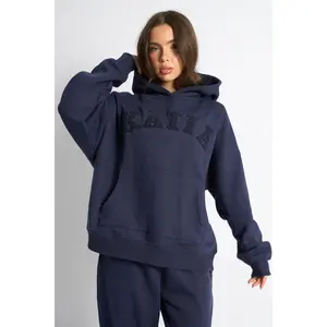 Kaiia Borg Slogan Oversized Hoodie Deep Blue