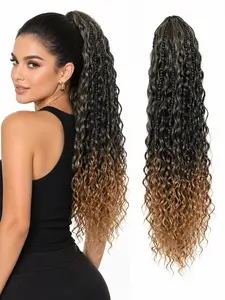 22 Inch Braided Curly Drawstring Ponytail Extension, Ash to Blonde Ombre, Long Wavy Braid for Daily Wear Party