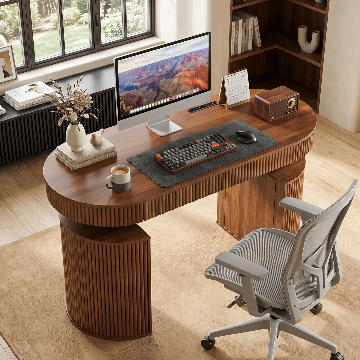 Giratree 55" Electric Standing Desk with Storage and USB & Type-C Charging Ports, Adjustable Height Stand Up Desk, Mid Century Modern Fluted Workstation Desk for Home Office