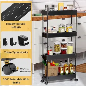 Slim Rolling Storage Cart 4 Tier Bathroom Organizer Mobile Shelving Unit Utility Cart Tower Rack for Kitchen Laundry Narrow Places, White