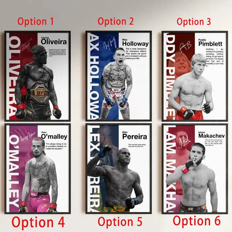 UFC Legendary Canvas Poster Set - Oliveira, Holloway, Pettis, O'Malley, Pereira & Makhachev Wall Art, Reproduction Signed Prints, Colorful Aesthetic Gym Decor for MMA Fans, Perfect Gift for Fight Enthusiasts