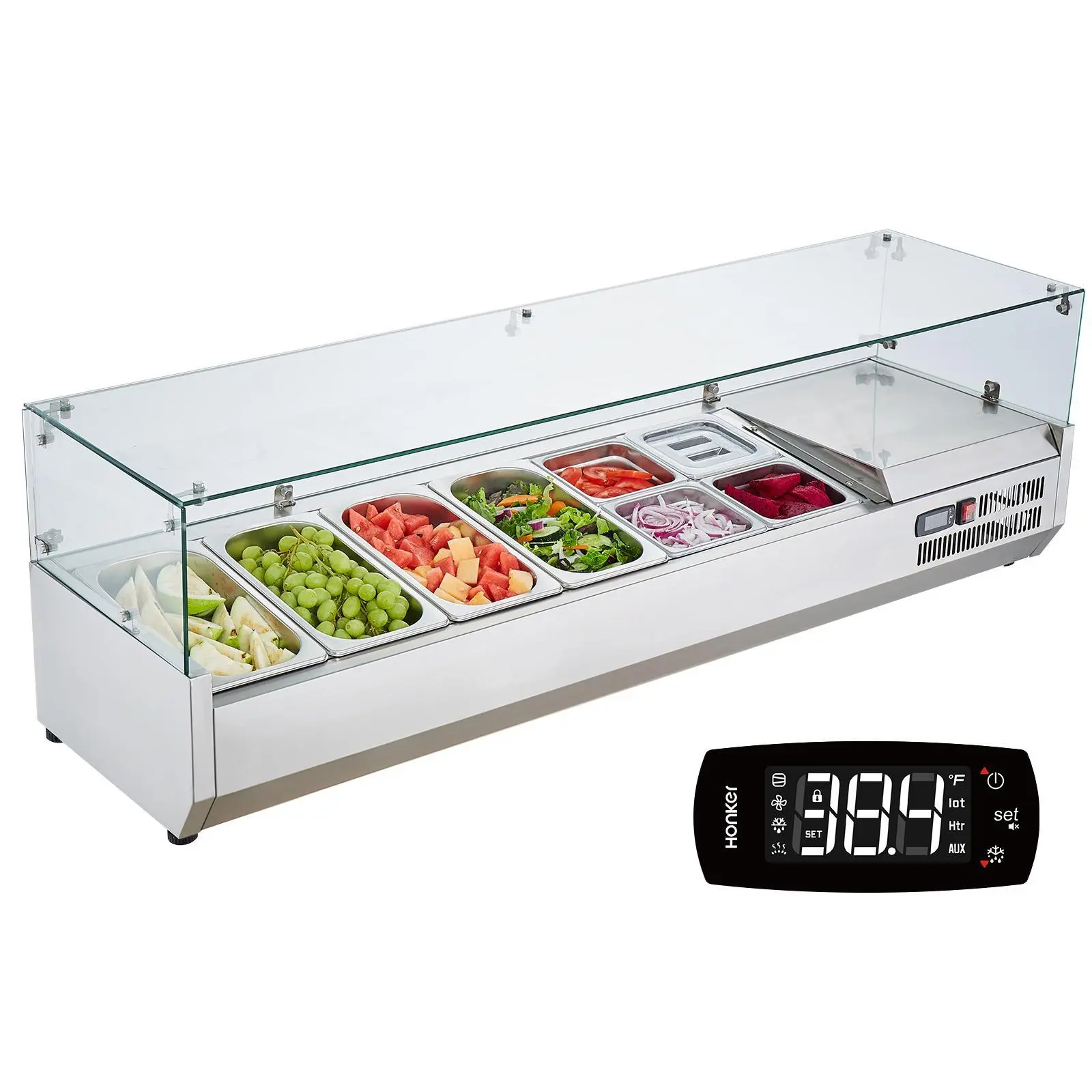 【Summerfinds】VEVOR Refrigerated Condiment Prep Station,  , 150 W Countertop Refrigerated Condiment Station, with 4 1/3 Pans & 4 1/6 Pans, 304 Stainless Body and PC Lid, Sandwich Prep Table with Glass Guard, ETL