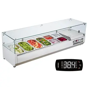 【Summervibes】VEVOR Refrigerated Condiment Prep Station,  , 150 W Countertop Refrigerated Condiment Station, with 4 1/3 Pans & 4 1/6 Pans, 304 Stainless Body and PC Lid, Sandwich Prep Table with Glass Guard, ETL