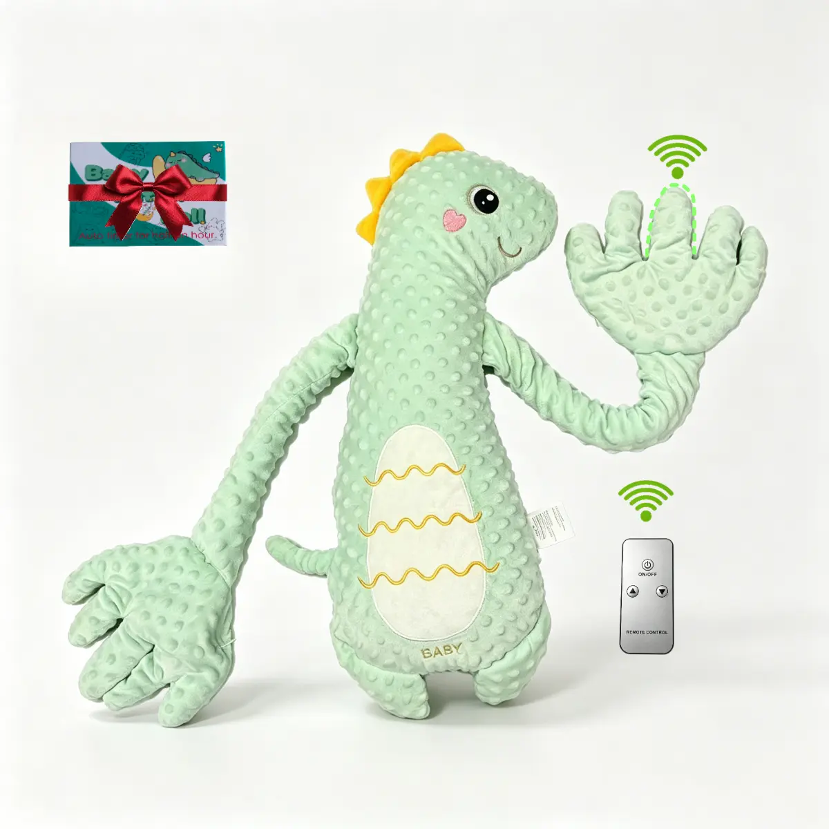 Giant Plush Patting Hand Toy - Green Dinosaur. 3-Level Adjustable, Animal Theme, Cloud-Soft Fabric, Pure Cotton Fill, Palm Hug Baby Sensory Toy Soothes Baby's Mood, Helps Relieve New Mom Stress, Ideal Birthday Gift for Kids