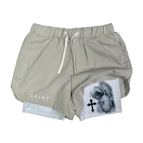 Men's Angel Performance Shorts - Gray Digital Print, Soft, Tiered Layer-Friendly, Drawstring, Durable Outer Layer, All-Seasons, Easy-Access Pockets, Phone Pocket, Multi-Size