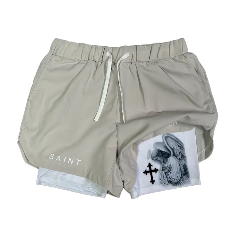 Men's Angel Performance Shorts - Gray Digital Print, Soft, Tiered Layer-Friendly, Drawstring, Durable Outer Layer, All-Seasons, Easy-Access Pockets, Phone Pocket, Multi-Size