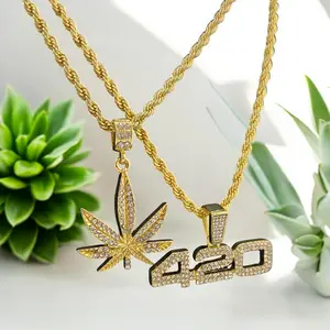 420 & Weed Marijuana Leaf Iced Cubic Zirconia Pendant 4mm 24" Rope Chain 2 Hip Hop Style Necklace Set