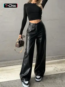 Women's High Waist Loose Fit Faux Leather Wide Leg Pants, Flattering Spring Summer Style, Versatile Casual Fashion Trousers