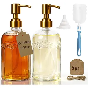 Set of 2 Coffee Syrup Dispenser, 13.5oz 400ml Glass Bottles with Antique Bronze Stainless Steel Pump, Coffee Bar Syrup Dispensers with Funnel, Cleaning Tools & Tags
