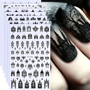 7 pcs Gothic Halloween Nail Stickers Set, 3D Black Design with Gothic Architecture, Skulls, and Y2K Aesthetic for Autumn Nail Art Decor