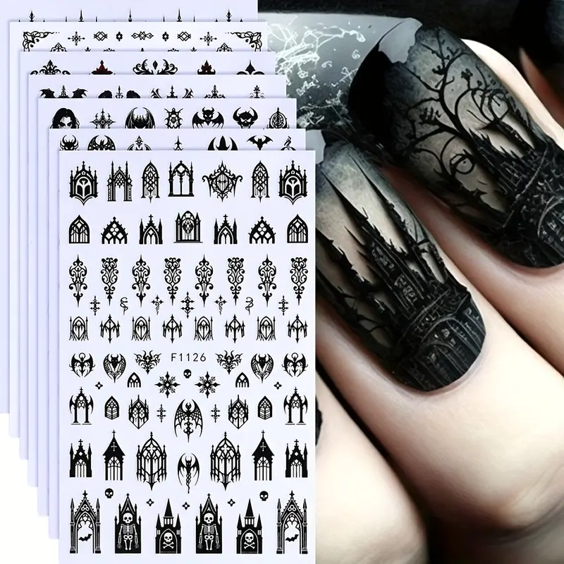 7/14/28 pcs Gothic Halloween Nail Stickers Set, 3D Black Design with Gothic Architecture, Skulls, and Y2K Aesthetic for Autumn Nail Art Decor, Decals for Nails