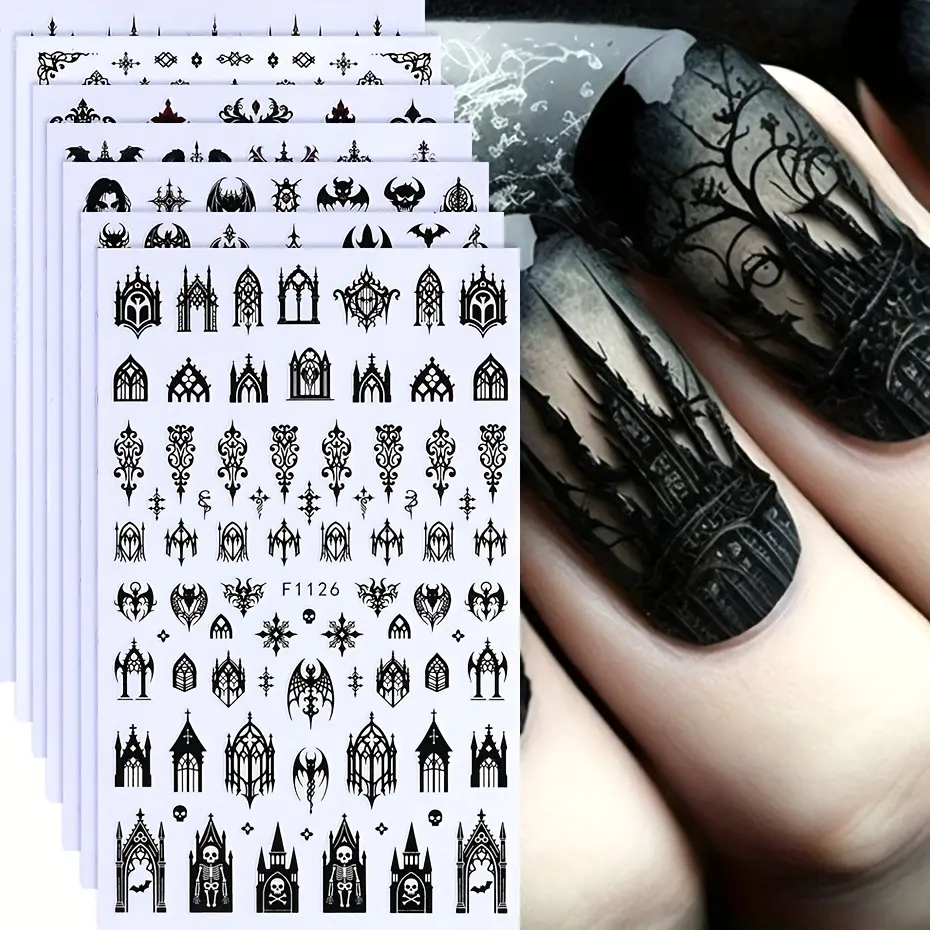 7 pcs Gothic Halloween Nail Stickers Set, 3D Black Design with Gothic Architecture, Skulls, and Y2K Aesthetic for Autumn Nail Art Decor, Gothic Style, Easy to Apply, Ghastly, Nail Decoration