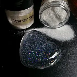 Unicorn Dust - micro fine rainbow glitter. Super fine glitter dust for arts, crafts, cosmetics, makeup, nails, and much more. Micro fine particles give maximum effect with minimum amount of material. 0.1 mm Extra fine holographic dust rainbow flakes