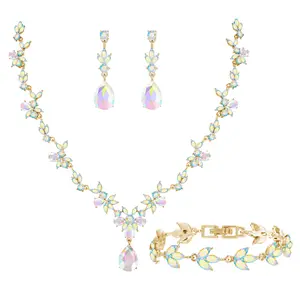 Bridal Wedding Elegant Floral Jewelry Set for Women/Brides/Bridesmaids Crystal Jewelry Set for Wedding Prom Party Bridal Crystal Necklace Earrings Bracelet Set