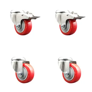 Service Caster SCC-SS316BHTTL20S314-PPUB-RED-2-S-2 Polyurethane Swivel Bolt Hole Caster with 3 in. Red Caster Wheels - 316 Stainless Steel Casters - Set of 4