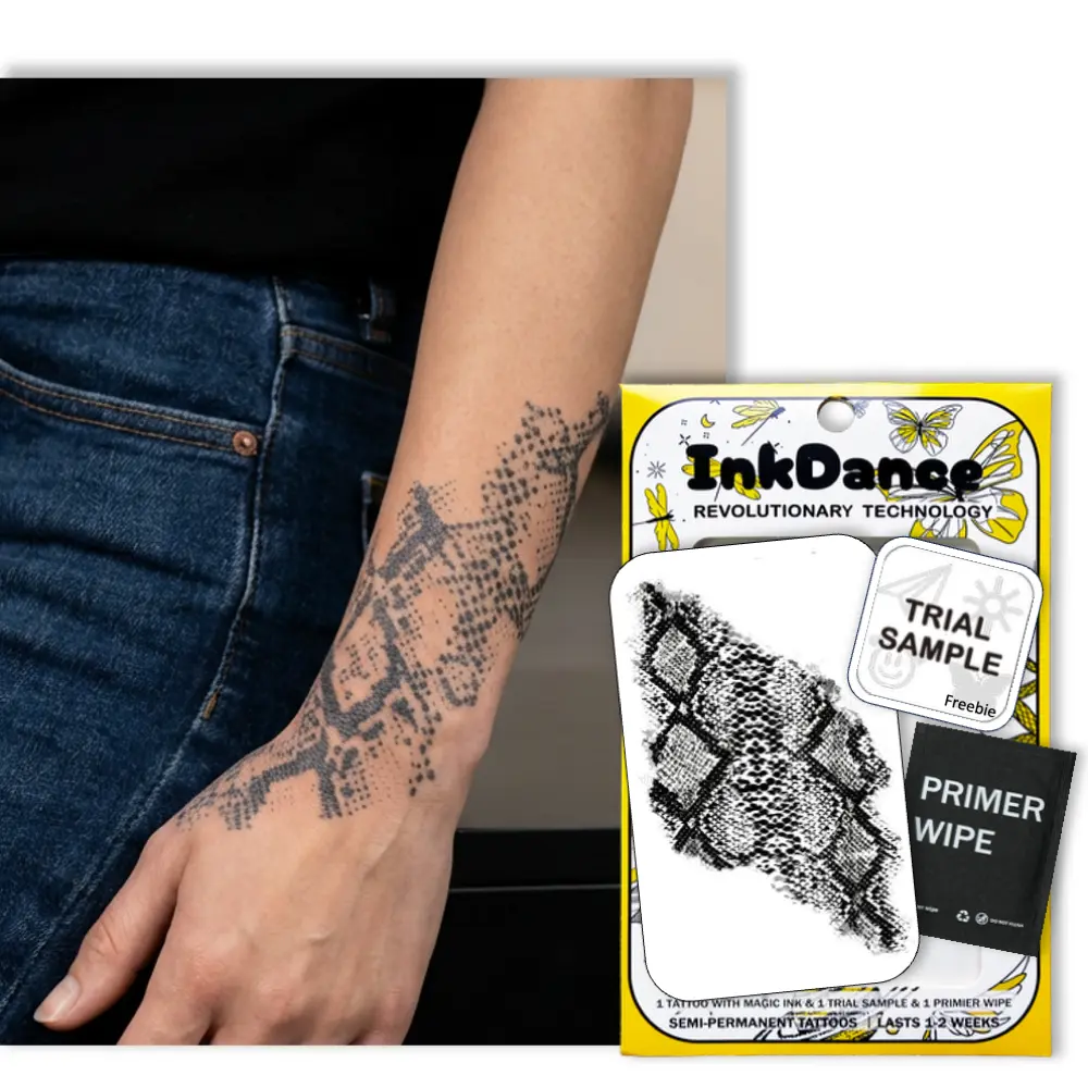 InkDance Semi-Permanent Tattoo - Midnight Serpent Snake Skin Design, Inked Aesthetic, Waterproof Plant-Based Ink, Long-Lasting for Men, All Skin Types, 1-2 Weeks Wear, 24-Hour Color Development D333
