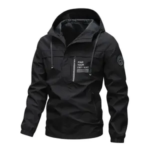 Letter print "FIND YOUR OWN WAY" and label splicing men's solid color long-sleeve zipper windbreaker jacket, with zipper pockets suitable for spring and autumn outdoor and sportswear.