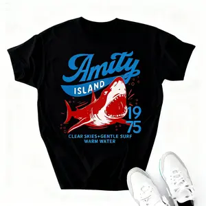 Men's Soft Short-Sleeve Cotton T-Shirt - Unisex Round Neck Top, Jaws Amity Island 1975 Movie-Inspired Retro Beach Casual Tee, Gift for Film Buffs