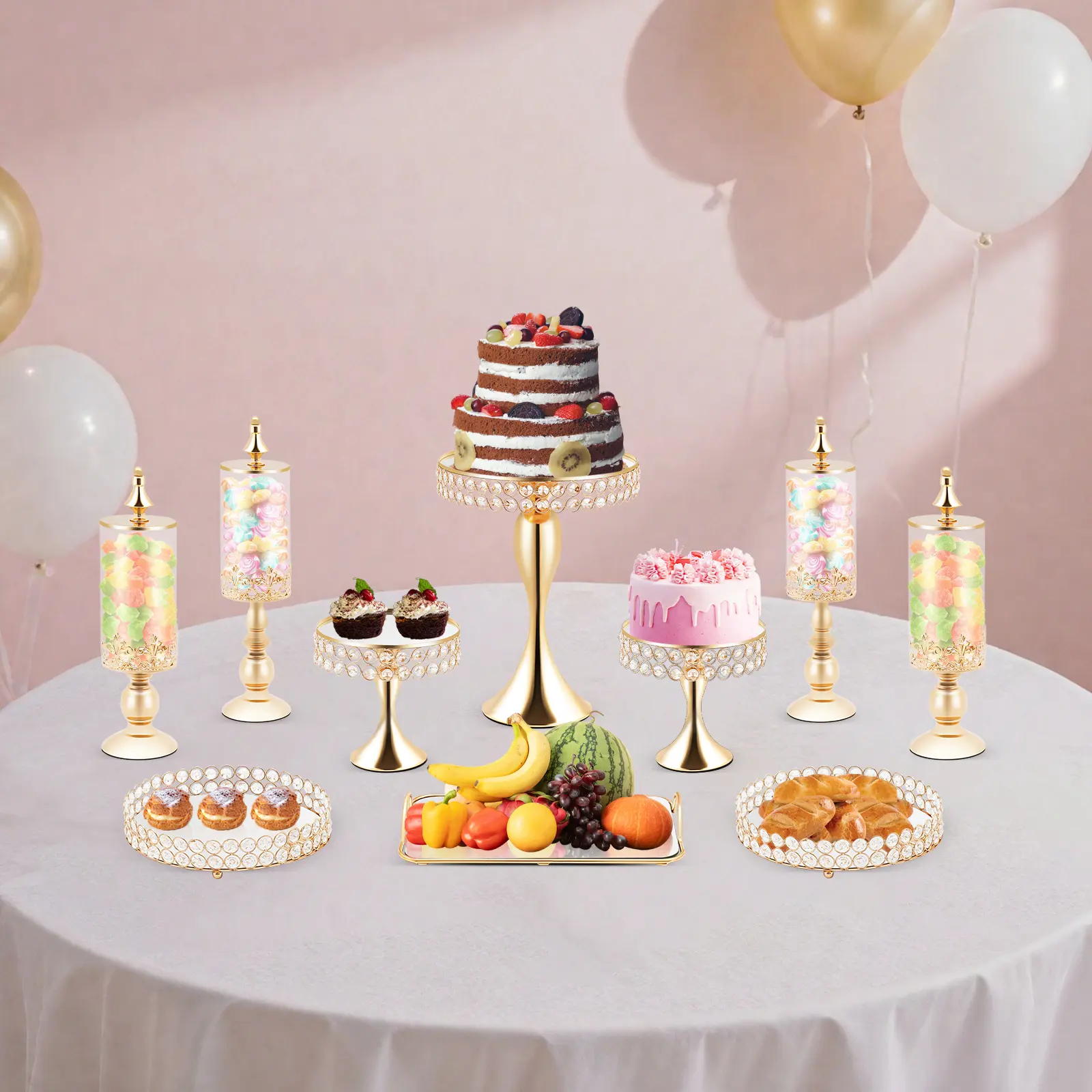 10-Piece Modern Handmade Acrylic Gold Cake Display Stand Set - Tabletop Mount (56*53*32cm) with Multi-Size Crystal Candy Jars, Assembly Required for Wedding, Anniversary Decoration, Bakeries