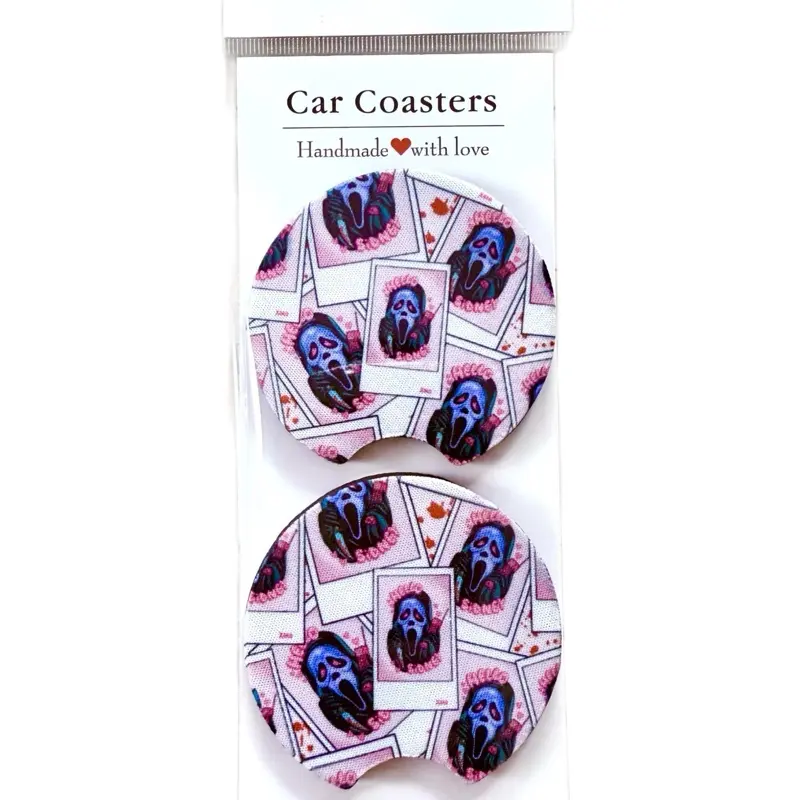 Ghostface Car Coasters Scream Horror Movie Inspired Set of 2 Neoprene Sublimation Handmade with Love Drink Coasters