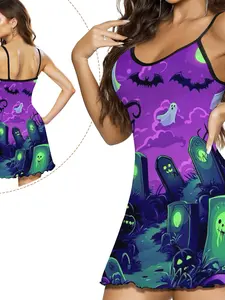 Halloween Anime Sexy Strap Nightdress, Women's Fashion Slim Fit Sleeveless Robe, Comfortable Home Wear for Spring & Fall