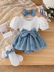 Baby Girl 4-Piece Set Bubble Short Sleeve Patchwork Colorblock Corduroy Floral Bow Romper Dress with Hair Tie and Socks