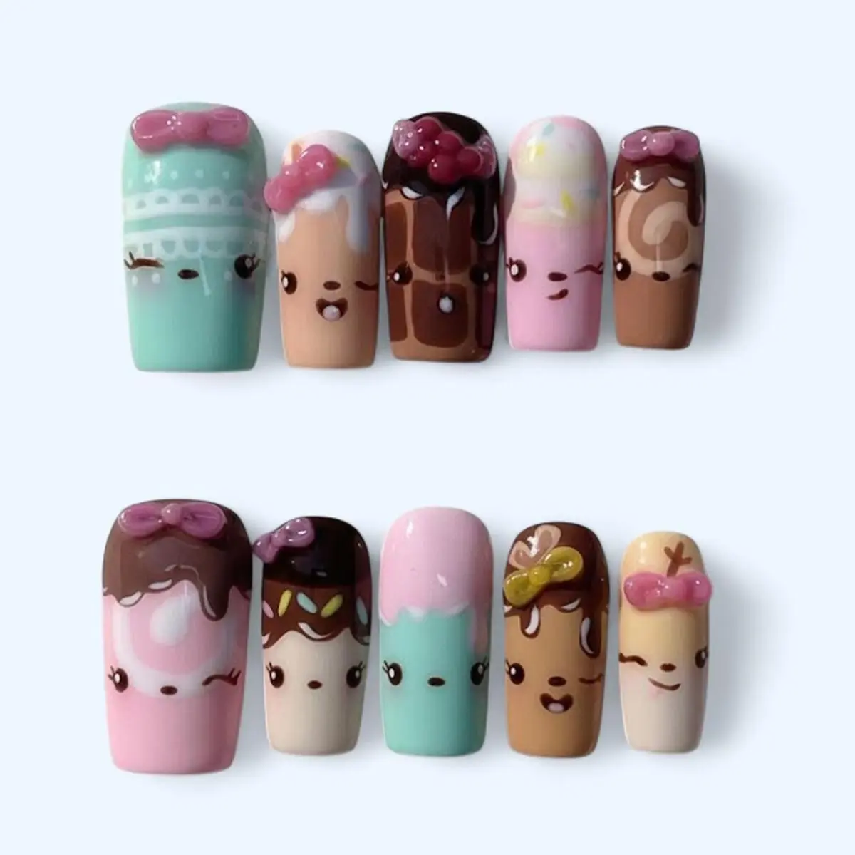 Handmade Num Noms Inspired Press On Nails | Kawaii 3D Cupcake, Chocolate & Dripping Cream Decoden Fake Nails with FREE Adhesive Tabs FREE Nail File FREE Cuticle Stick