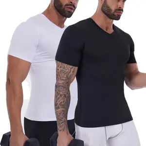 Menswear Breathable Compression Short Sleeve Stretchy T-shirt Body Shaper Shapewear  V-neck Workout Sports Corset Super Soft Tank Tops Vest Fabric Comfy Biker Undershirt Plain