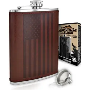 Leather American Flag Hip Flask - Leak Proof Food Grade Stainless Steel for Whiskey or Bourbon Liquor | Bonus Funnel (USA 8 Ounce Flask, Brown Leather Wrap)