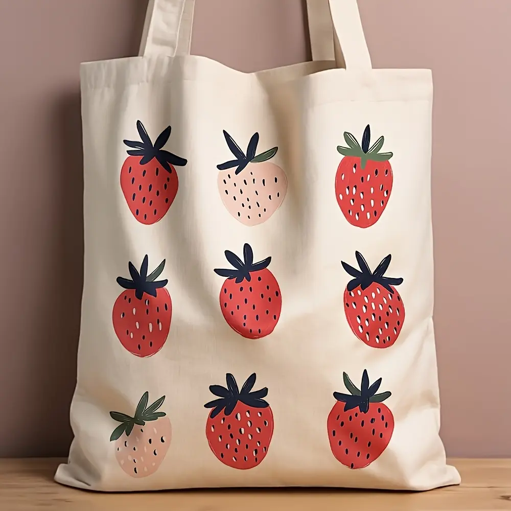 Strawberry Print Canvas Tote Bag - Leak-proof design, reusable shopping bag, durable polyester canvas shoulder bag, suitable for the beach, shopping, Easter, and graduation gifts, cheerful pattern, sturdy handles