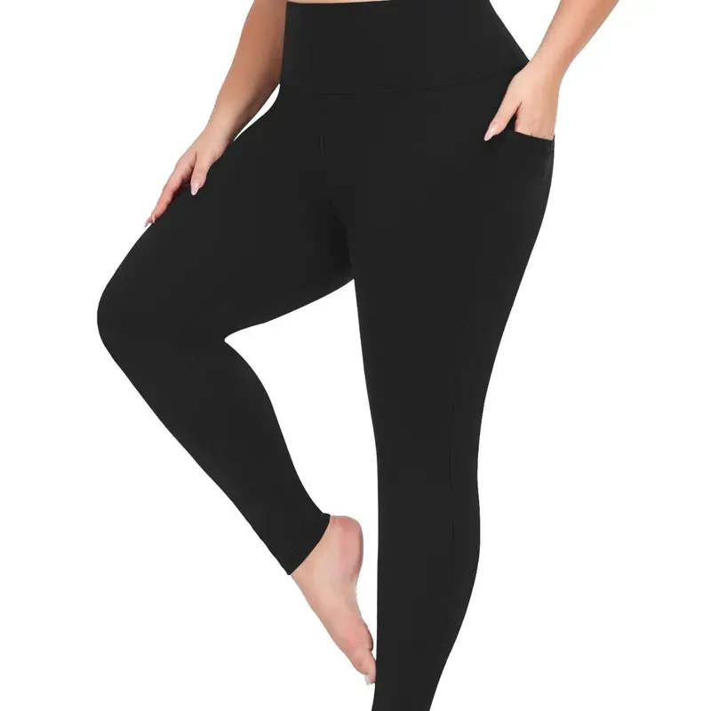 Plus Size Solid Basic High Waisted Pocket Slim Sports Leggings with Pockets, Casual Comfy High Stretch Skin-friendly Skinny Athletic Casual Pants for Women, Women's Bottoms Slim Fitting Activewear for All Seasons
