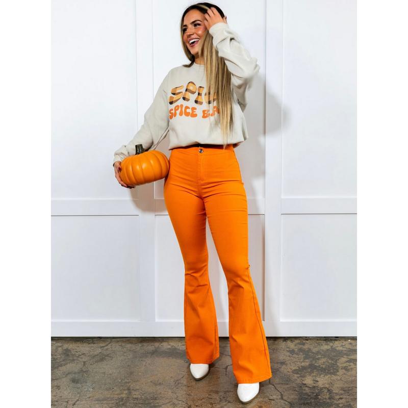 Fiona High Waisted Bell Bottom Flare Jeans - Orange