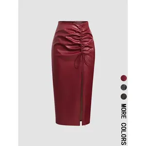 Women’s pleated drawstring slit leather skirt, fashionable and casual high-waisted long skirt, suitable for everyday wear, spring and autumn women’s underwear GARMENTARY