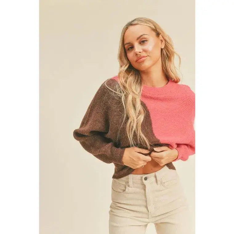 PINK COLOR BLOCK CREWNECK SWEATER