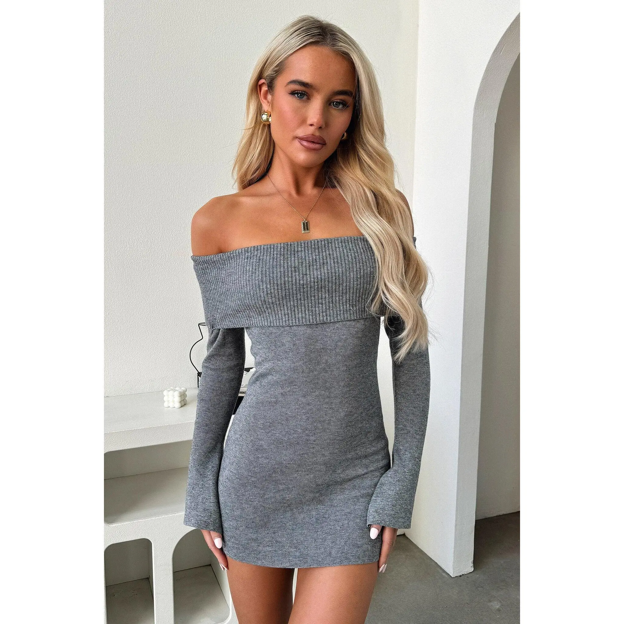 Aaliyah Off Shoulder Knit Mini Dress - Grey