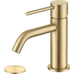 Brushed Gold Bathroom Faucet Single Handle Brass Single Hole Bathroom Sink Faucet with Pop Up Sink Drain Assembly and Water Supply Lines
