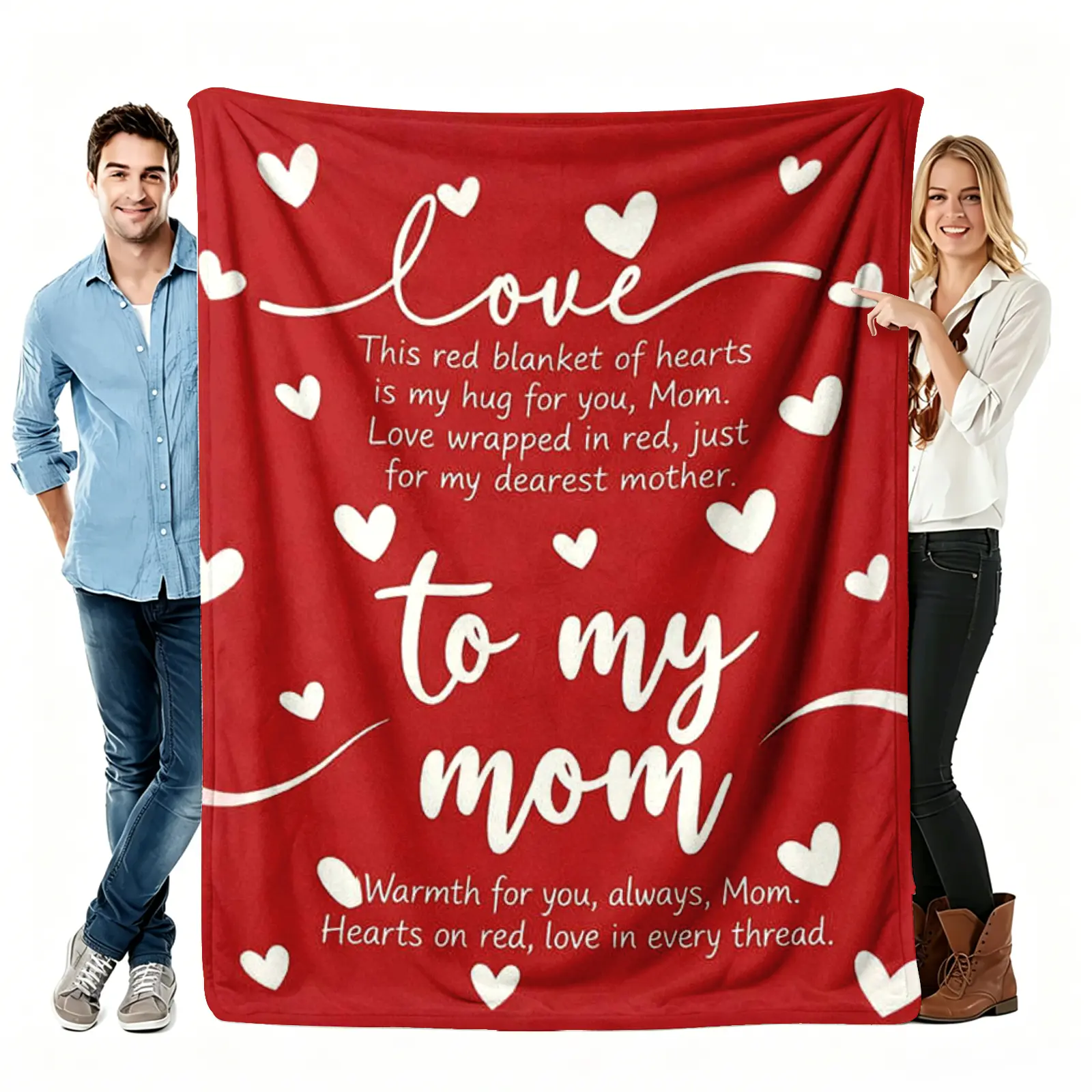 Classic Red Heart Pattern Flannel Throw Blanket - 1-Piece, Multi-Size (30x40 to 60x80 in, 50x60 in Option), Soft, Warm, Breathable, Wrinkle Resistant, Durable Blanket for Mom - Mother's Day Home & Office Gift