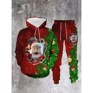 Trendy 3D Santa Claus Print Hoodie Set, Casual Long Sleeve Sportswear, Fitted Below Ankle Pants, Perfect for Daily Wear