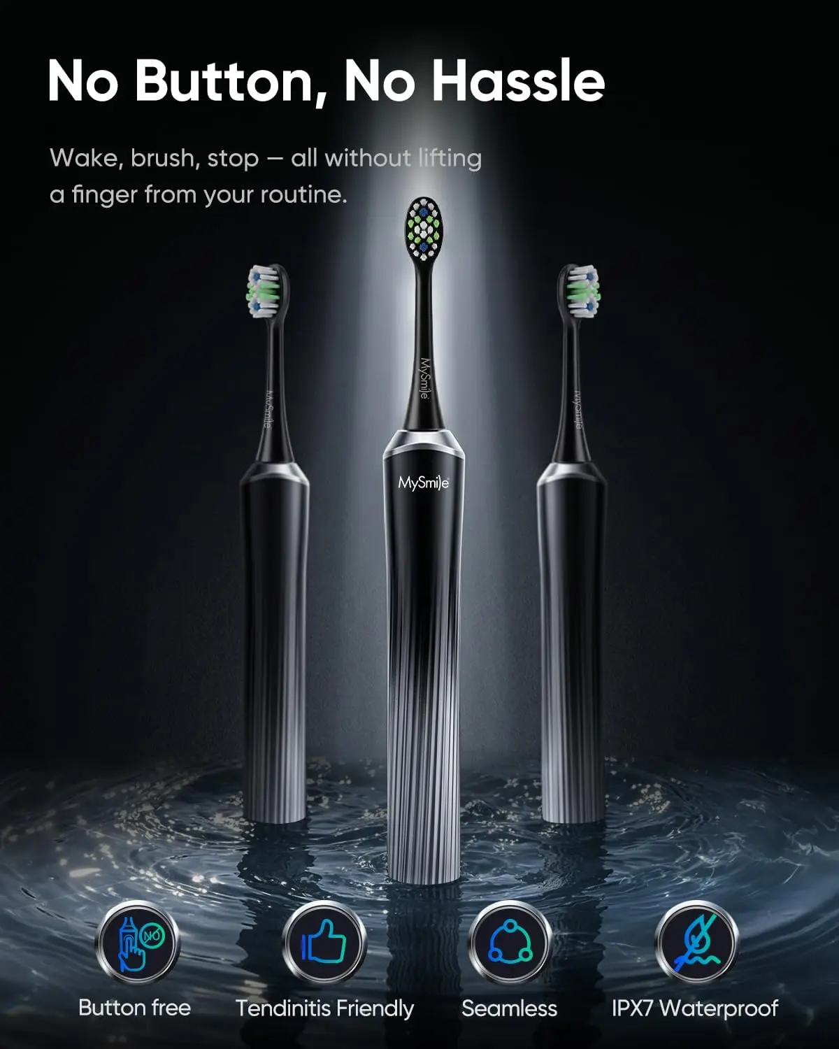 MySmile Sonic Electric Toothbrush for Adults - Cordless with Wireless Charger, 3 Heads, Deep Cleaning Mode, Pressure Sensor, Visual Light Ring, Brush Habit Tracker, 8.78 oz, Supplier Warr., Daily Care (Glacier Noir), Batteries
