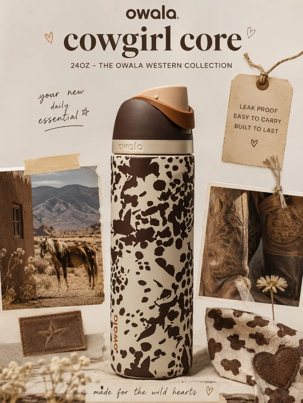 Owala Cowgirl Core 24oz FreeSip Water Bottle – Limited Edition Cow Print Insulated Stainless Steel Bottle with Straw, Leakproof Western Tumbler