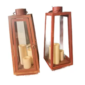 Lovely Tall Outdoor or Indoor Rustic Red Candle Lanterns with Clear Glass Sides Battery Operated Fake Candles for Farmhouse Home Decor 22x10x8 Inches