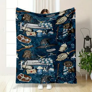 Ravenclaw Themed Harry Potter Blanket, Deep Blue Base with Iconic House Elements, Featuring Owls, Wizard Hats, Flying Brooms, Spell Books and Other Classic Magical Details. Soft, Warm and Full o