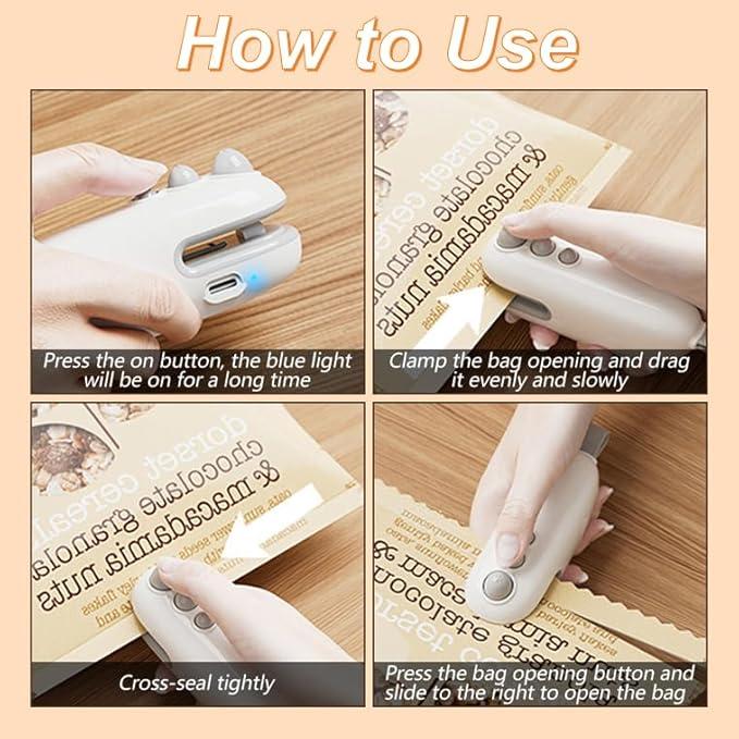 Mini Bag Sealer with Cutter, Rechargeable, Handheld Heat Sealer Machine with Magnetic, Portable Bag Sealer Heat Seal for Keep Food Fresh and Snacks Crispy